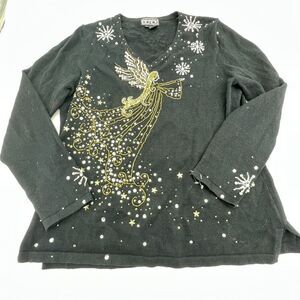 Berek Sweater V Neck Pullover Beaded Sequins Angel Black Ramie Cotton Large